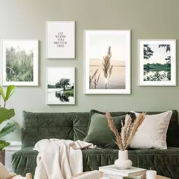 Зеленое дерево, холм, озеро, одуванчик, Рид, скандинавские постеры и принты, настенная живопись на холсте, картины для гостиной, домашний декор 21*30cm