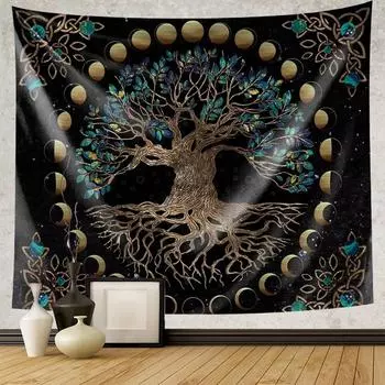 Зеленое древо жизни гобелен хиппи психоделическое солнце и луна настенное колдовство эстетическое украшение дома фон 100x75cm