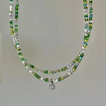 Зеленое глазированное хрустальное сломанное серебряное ожерелье с бусинами Женское свежее индивидуальное модное темпераментное универсальное ожерелье на шею Цепочка на ключицу