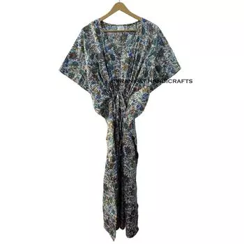 Зеленое хлопковое женское макси-пляжное платье-кафтан с индийским цветочным принтом CKFTN-SCRN-FULL-BUYIT-165