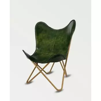 Зеленое кожаное кресло-бабочка Кожаный акцент гостиная Ручная работа Складное 36 x 29 x 23 in