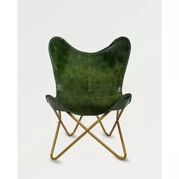 Зеленое кожаное кресло-бабочка Кожаный акцент гостиная Ручная работа Складное 36 x 29 x 23 in