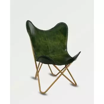 Зеленое кожаное кресло-бабочка Кожаный акцент гостиная Ручная работа Складное 36 x 29 x 23 in
