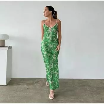 Зеленое летнее пляжное длинное платье-комбинация белое с мелким цветочным принтом без рукавов длиной до щиколотки для женщин платья S