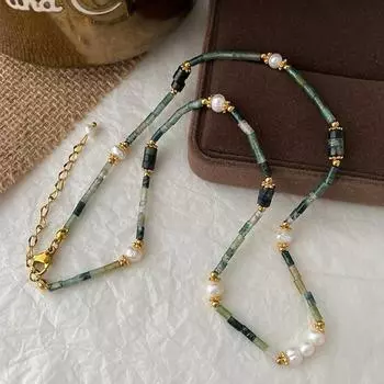 Зеленое ожерелье из настоящего жемчуга Dongling, бусины-трубки ручной работы, новая цепочка на ключицу в китайском стиле, ниша, не выцветающая цепочка на шею из натурального камня