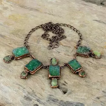 Зеленое ожерелье с друзами, медное ожерелье из гальванической формовки, аквамариновое грубое ожерелье, регулируемая цепочка, ожерелье, драгоценный камень, медные украшения, свадебный подарок
