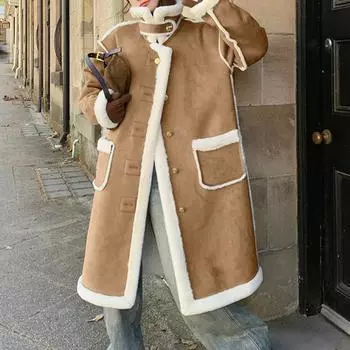 Зеленое пальто из овечьей шерсти с мехом, женское зимнее новое ретро-модное свободное замшевое пальто средней и длинной длины Within S 55kg светло-зеленый