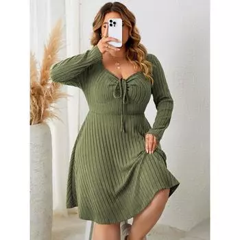 Зеленое платье большого размера с квадратным вырезом и длинным рукавом, трикотажные короткие платья, женская одежда больших размеров XL зелёный
