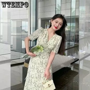 Зеленое платье Сказочный шифон с объемными рукавами Sweet First Love Нежный ветер Длинное платье с французским цветочным принтом Платья-трапеции с принтом S зелёный