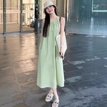 Зеленое платье-жилет без рукавов для женщин, лето 2025, новый морской отдых, французский темперамент, высокое качество, длинное платье S светло-зеленый