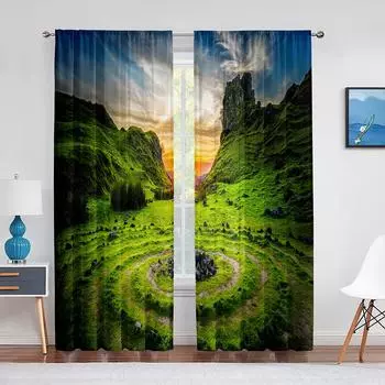 Зеленое поле пейзаж рок камень закат прозрачная занавеска гостиная спальня украшение дома Cortinas шифон тюлевые оконные шторы 1 PCS W100XH250cm&Rod Pocket