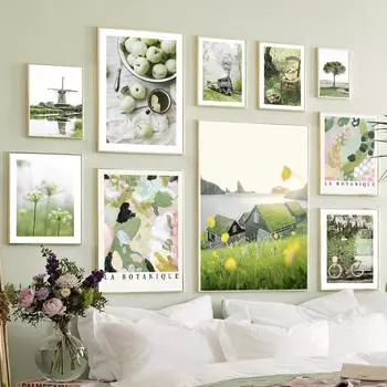 Зеленое поле природа весна растение ветряная мельница ботаника автомобиль холст живопись фермерский дом плакат настенная картина для гостиной домашний декор 21X30cm No Frame