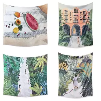 Зеленое растение Картина маслом Стиль Гобелен Спальня Гостиная Гобелен Домашнее украшение стены Гобелен 100x75cm