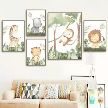 Зеленое растение, мультяшное животное, лев, слон, настенное искусство в детской комнате, картины на холсте, постеры и принты, настенные картины, декор детской комнаты без рамки 21*30cm No Frame