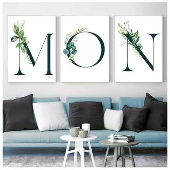 Зеленое растение с алфавитом и пейзажем, настенная живопись на холсте, элегантный постер 21cm30cm NoFrame