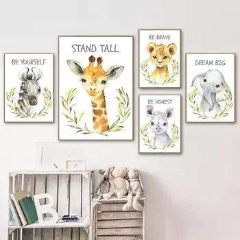 Зеленое растение животное жираф зебра слон настенное искусство холст картины детские плакаты и принты настенные картины декор для детской комнаты без рамки 21*30cm No Frame