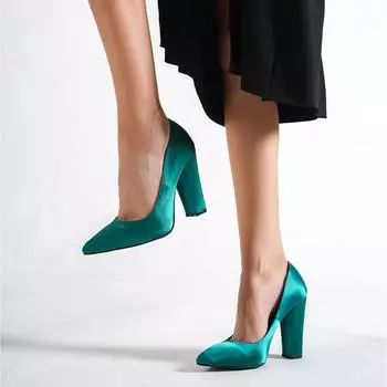 Зеленые атласные женские туфли на толстом каблуке. Женские модные женские сандалии на массивном каблуке. Большой размер 34-45 Ma-023.