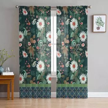 Зеленые цветы растения листья узор ретро абстрактные прозрачные шторы для детей спальня гостиная вуаль оконные шторы тюль драпировки W135 x H114cm