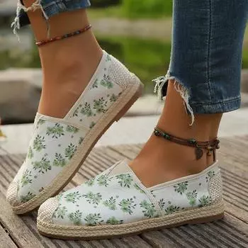 Зеленые дышащие парусиновые балетки женские мягкие туфли-лодочки с цветочным принтом женские осенние удобные нескользящие эспадрильи на плоской подошве 36 зелёный