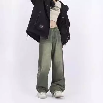 Зеленые джинсы женские осенние прямые с высокой талией были тонкими свободными широкими штанинами для уборки тренд 5XL зелёный