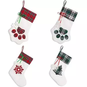 Зеленые клетчатые собачьи лапки рождественские чулки красные клетчатые снежинки плюшевые подарочные пакеты для домашних животных на рождественскую вечеринку украшение дома на елку 20x37cm