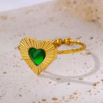 Зеленые кристаллы кольца сердца для женщин открытый регулируемый золотой цвет нержавеющая сталь кольцо модные ювелирные изделия свадебный подарок