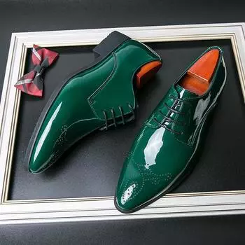 Зеленые лакированные туфли из натуральной кожи, модные оксфорды для мужчин, с острым носком, на шнуровке, мужские туфли-броги, размер 38-48 38 зелёный