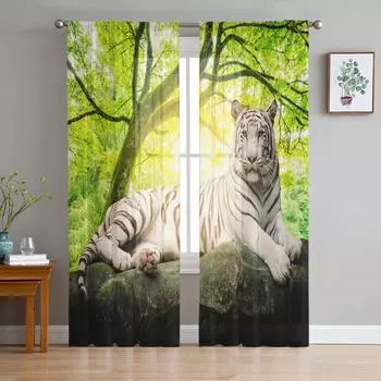 Зеленые лесные животные, белый тигровый камень, тюлевые прозрачные оконные шторы для гостиной, спальни, современная вуаль, занавески из органзы, шторы W135 x H115cm x1