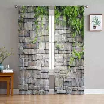 Зеленые листья каменная стена тюль шторы для гостиной печать прозрачная вуаль занавеска спальня экранирование окна шторы жалюзи домашний декор W135 x H115cm x1&Rod Pocket