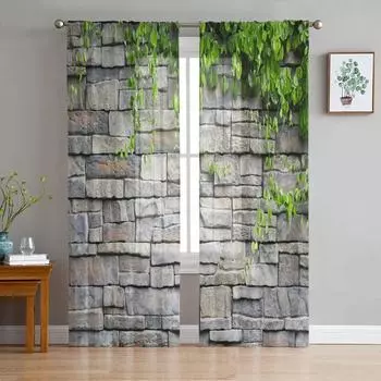 Зеленые листья каменная стена тюль шторы для гостиной печать прозрачная вуаль занавеска спальня экранирование окна шторы жалюзи домашний декор W135 x H115cm x1&Rod Pocket