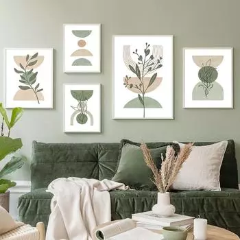 Зеленые листья, линии, геометрия, абстрактные постеры и принты в стиле бохо, скандинавская настенная живопись на холсте для гостиной, домашний декор 21X30cm No Frame