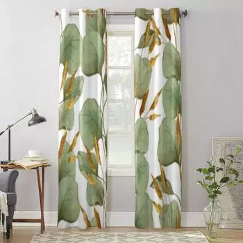 Зеленые листья на белом фоне, занавеска для гостиной, спальни, декоративные занавески, роскошные кухонные занавески с балдахином 135W x 60H(cm) x1