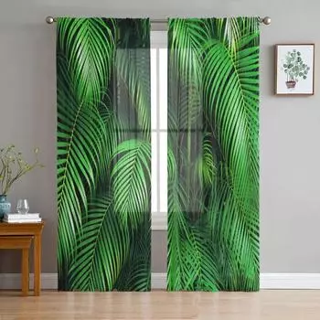 Зеленые листья, тропические джунгли, растения, Тюль, прозрачные оконные шторы для гостиной, спальни, современная вуаль, занавески из органзы, шторы W135 x H115cm x1&Rod Pocket