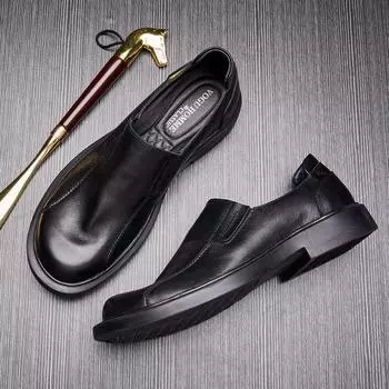 Зеленые низкие кожаные туфли, мужские деловые кожаные туфли, мягкая подошва, универсальные повседневные ленивые туфли с одной педалью для мужчин 38 чёрный