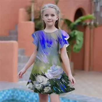 Зеленые платья с принтом роз и граффити для девочек. Детское праздничное платье для девочек. Свободная облегающая юбка с короткими рукавами для девочек старше четырех лет. 80 циан