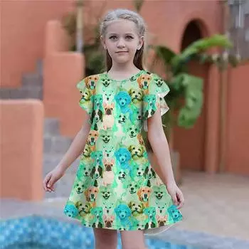 Зеленые платья с принтом щенка для девочек. Детское праздничное платье для девочек. Свободный крой. Свободная юбка с короткими рукавами для девочек старше четырех лет. 80 золотой