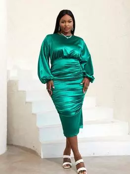 Зеленые плиссированные наряды для дам с круглым вырезом и длинными рукавами-фонариками, с высокой талией, элегантные женские вечерние коктейльные платья, платье больших размеров XL чёрный