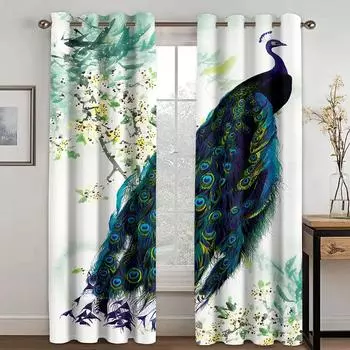 Зеленые плотные шторы с павлиньими перьями, красивые акварельные узоры с птицами, цветами и пионами, декор для гостиной, затемняющая тканевая драпировка, 2 шт. W55 X H120cm X 2&HOOK