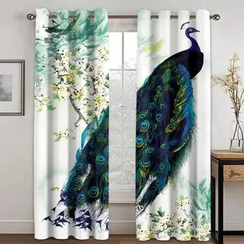 Зеленые плотные шторы с павлиньими перьями, красивые акварельные узоры с птицами, цветами и пионами, декор для гостиной, затемняющая тканевая драпировка, 2 шт. W55 X H120cm X 2&HOOK