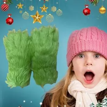 Зеленые плюшевые перчатки для взрослых и детей, рождественский костюм для косплея, зеленые перчатки для рук на Хэллоуин, рождественский косплей зелёный