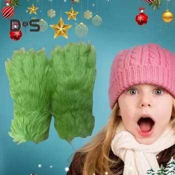 Зеленые плюшевые перчатки для взрослых и детей, рождественский костюм для косплея, зеленые перчатки для рук на Хэллоуин, рождественский косплей зелёный