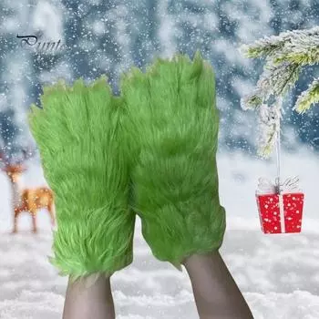 Зеленые плюшевые перчатки для взрослых и детей, рождественский костюм для косплея, зеленые перчатки для рук на Хэллоуин, рождественский косплей зелёный