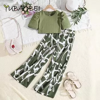 Зеленые повседневные костюмы для девочек, летняя детская одежда, футболка с короткими рукавами + брюки с принтом, комплект из 2 предметов для 8, 9, 10, 11, 12 лет 8Y чёрный