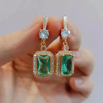 Зеленые прямоугольные серьги-подвески с кубическим цирконием для женщин 2023, новая мода золотого цвета для свадьбы, помолвки и вечеринки, ювелирные аксессуары зелёный