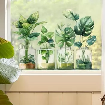 Зеленые растения Наклейка на окно ПВХ-пленка для стекла Многоразовые наклейки без остатков Гидропонный дизайн в горшке Весенний декор зелёный