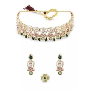 Зеленые розовые камни австрийские бриллианты украшенные колье серьги и кольцо комплект для женщин