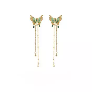 Зеленые серьги-бабочки с кисточками для женщин, длинные ретро-зажимы для ушей с москитной сеткой без пирсинга ушей