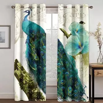 Зеленые шторы с павлиньими перьями Красивые роскошные шторы для гостиной, спальни, домашнего декора, 2 панели 50W130H(CM)X2PCS&Grommet Top
