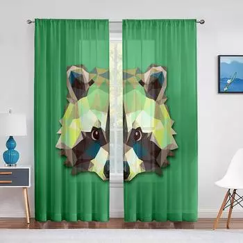 Зеленые тюлевые шторы с милой головой медведя, треугольные геометрические животные, прозрачные шторы из вуали для спальни, гостиной, кухни, декор 1 PCS W100XH250cm&Rod Pocket