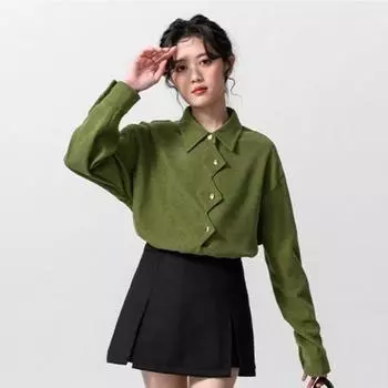 Зеленые винтажные рубашки женские осенние однотонные нерегулярные топы с воротником-лацканом с длинным рукавом минималистичные городские плотные блузки M зелёный